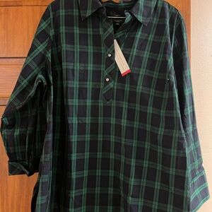 NWT Talbots Holiday Green Plaid No-Iron Popover Blouse, Size 18WP